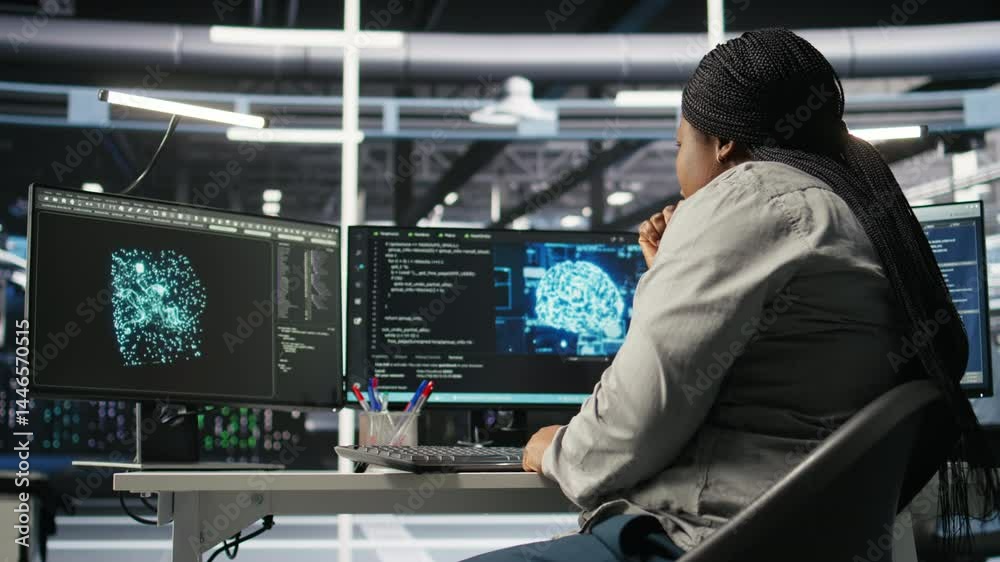 Poster data center technician using artificial intelligence deep learning models to configure hardware. afr