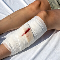 Close up of bandage on a leg