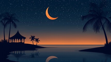 Tropical island at night with crescent moon