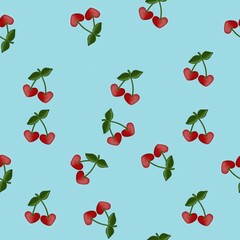 seamless pattern cherries with stems and leaves on blue background, simple pattern for fabric, clothes, wrapping paper and wallpaper