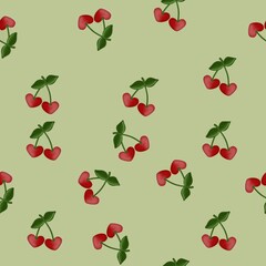 seamless pattern cherries with stems and leaves on soft green background, simple pattern for fabric, clothes, wrapping paper and wallpaper