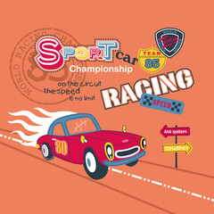 Vector illustration of a high-speed racing car on a winding road with visible road signs, capturing movement and excitement in a colorful and dynamic cartoon style
