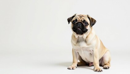 Playful pug sitting isolated on pure white backdrop, pug face, dog photography, canine