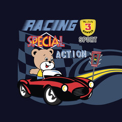 Vector illustration of a high-speed racing car on a winding road with visible road signs, capturing movement and excitement in a colorful and dynamic cartoon style
