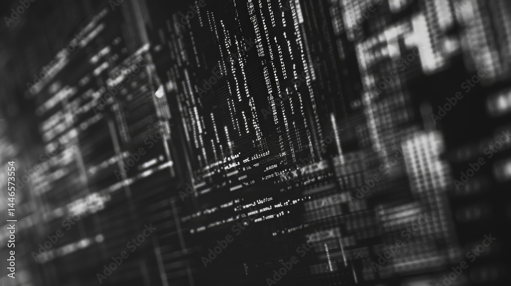 Poster abstract of complex glitch with pixel effect in dark background use shading and monochrome to expres