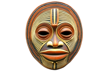 African Tribal Wooden Mask Illustration, Isolated, Brown, Orange, Intricate Design