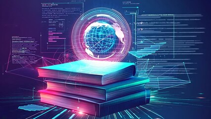 Stack of books with digital world globe and data visualization for future education - Powered by Adobe