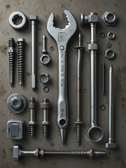 Fototapeta premium Metal repairing tool vector set. screw, bolt, hex bolt, nail. Spring. Wrench. Spenner. Nut. Mechanic tool. Mechanical engineering. Maintenance toolkit. Construction and household renovation tools.