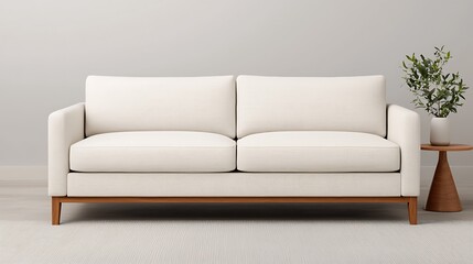 Minimalist Cream Couch with Wooden Frame and Side Table, Indoor Home Decor Arrangement for Comfortable and Relaxing Living Space.