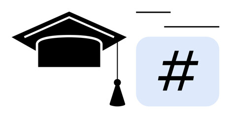 Graduation cap symbol next to a metadata tag, signifying the fusion of traditional learning and digital media. Ideal for education, technology, innovation, social media, online learning, academic