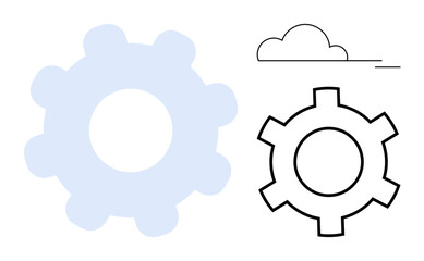Interlinked gear shapes, one in outline, paired with a simple cloud design. Ideal for technology, teamwork, innovation, engineering, process optimization, cloud computing simple landing page