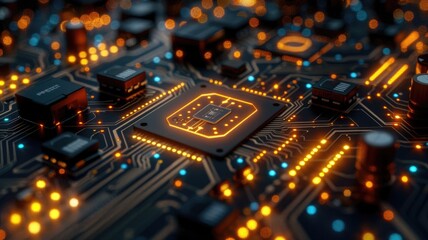 Abstract picture of chip on complex circuit with digital technology style design and the electric parts graphic show high tech system represent about processor algorithm process on computer. AIG53.