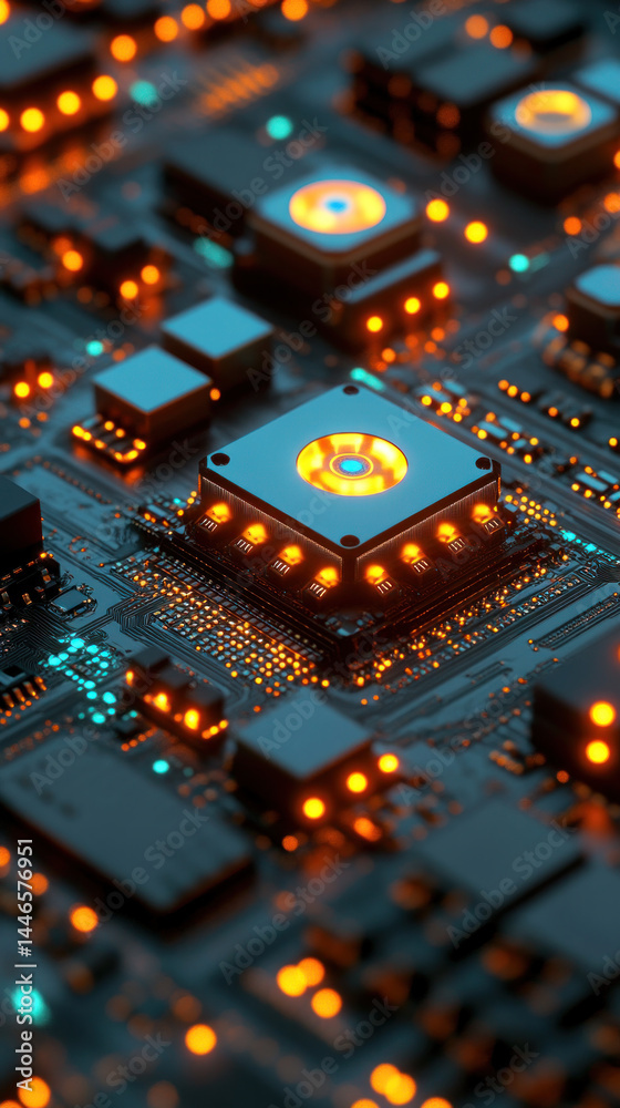 Poster a close up of a computer chip with many lights on it. the image is a representation of the inner wor