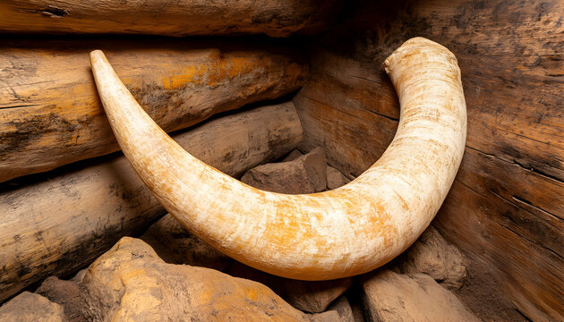 Ancient mammoth tusk resting within a wooden structure, showcasing the contrast of textures and time.