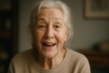 Elderly woman smiling joyfully in warm indoor setting