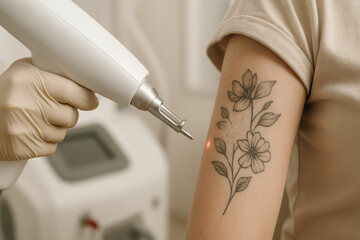 Laser tattoo removal in progress on womans arm with floral design