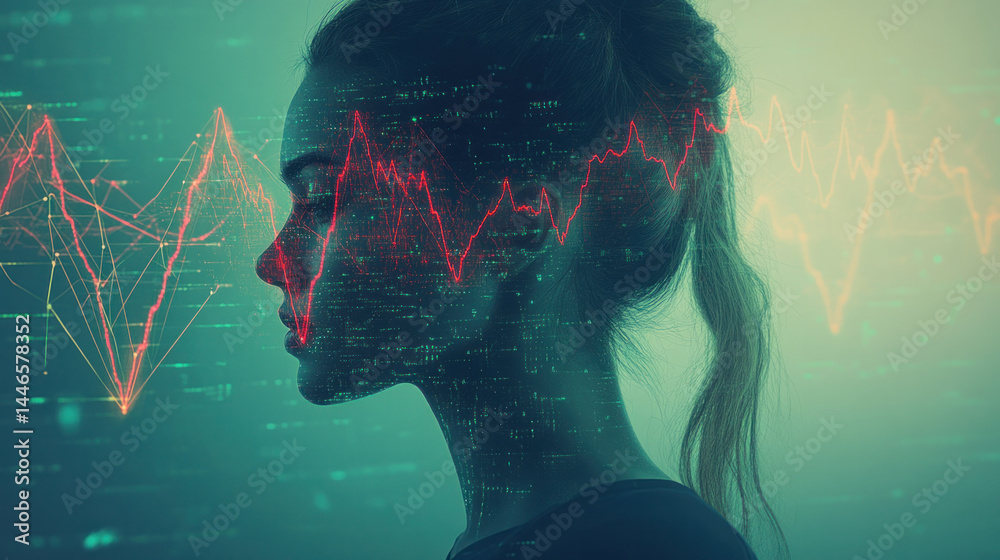 Poster a woman's face is shown in a computer generated image with a red line running through her nose. the 