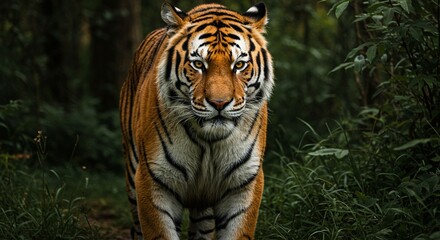 A majestic Bengal tiger standing in a lush jungle, with piercing amber eyes, detailed fur patterns, and strong muscles visible under its coat &mdash; hyper-realistic, dramatic lighting, cinematic style