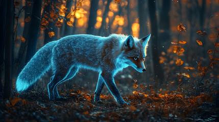 Fox illuminated with mystical blue light walking in the mysterious forest
