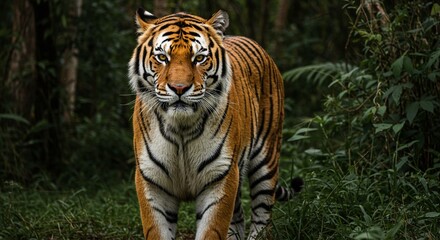 A majestic Bengal tiger standing in a lush jungle, with piercing amber eyes, detailed fur patterns, and strong muscles visible under its coat &mdash; hyper-realistic, dramatic lighting, cinematic style