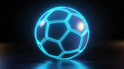 Fototapeta premium Futuristic glowing soccer ball, neon blue panels, dark background