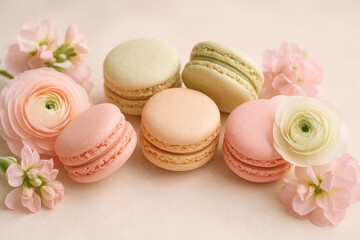 Fototapeta premium Delicate french macarons with pastel flowers arrangement