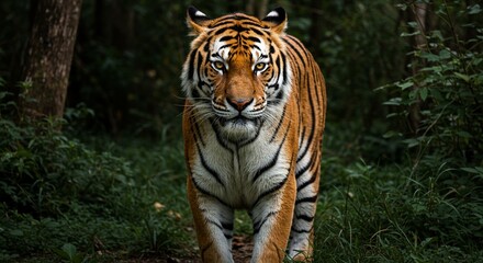 A majestic Bengal tiger standing in a lush jungle, with piercing amber eyes, detailed fur patterns, and strong muscles visible under its coat &mdash; hyper-realistic, dramatic lighting, cinematic style