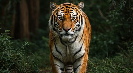 A majestic Bengal tiger standing in a lush jungle, with piercing amber eyes, detailed fur patterns, and strong muscles visible under its coat &mdash; hyper-realistic, dramatic lighting, cinematic style