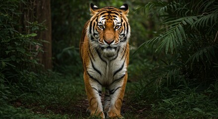 A majestic Bengal tiger standing in a lush jungle, with piercing amber eyes, detailed fur patterns, and strong muscles visible under its coat &mdash; hyper-realistic, dramatic lighting, cinematic style