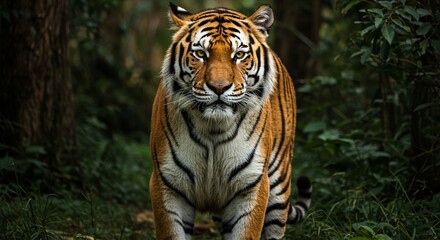 A majestic Bengal tiger standing in a lush jungle, with piercing amber eyes, detailed fur patterns, and strong muscles visible under its coat &mdash; hyper-realistic, dramatic lighting, cinematic style