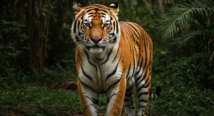 A majestic Bengal tiger standing in a lush jungle, with piercing amber eyes, detailed fur patterns, and strong muscles visible under its coat &mdash; hyper-realistic, dramatic lighting, cinematic style