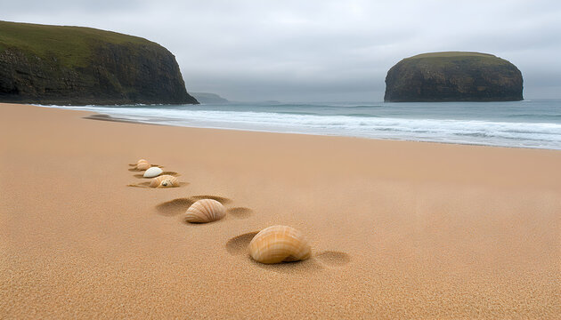 Seashells in a line on a sandy beach with dramatic cliffs and ocean in the background. Serene coastal landscape photo.