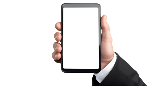 Businessman Holding Smartphone With Blank Screen, Isolated Transparent Background Illustration