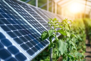 Fototapeta premium Solar panels installed on a greenhouse, supporting plant growth. Sunlight illuminates the panels and vegetation