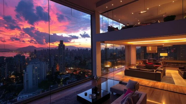 Stunning panorama from modern penthouse apartment during sunset over cityscape contemporary home design with dramatic views architectural interior design