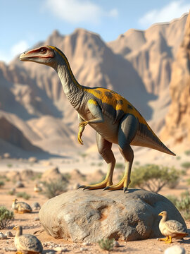 Citipati was a oviraptor theropod, a bird-like dinosaur that lived during the Cretaceous period in Asia.  This one is in an arid region standing on a rock. 3D Rendering