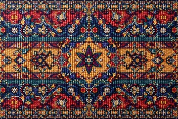 Geometric tapestry pattern, bold lines, muted tones, modern, contemporary