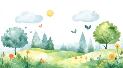 Obraz premium Watercolor Spring Meadow Scene