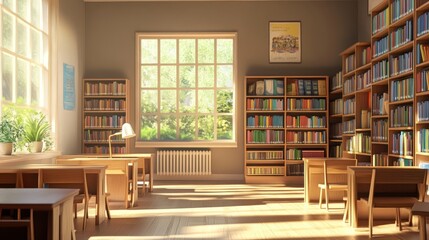 Sunlit academic library setting with reading desks and verdant outdoor view