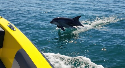 Fototapeta premium Dolphin Swimming with a Boat Photo