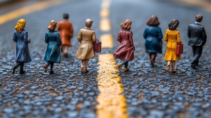 Miniature figures of diverse individuals walking in a group on a paved road.