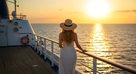 Sunset Cruise Woman in White Dress Admires Golden Hour Ocean View from Cruise Ship Deck