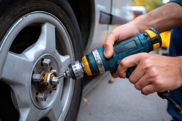 Hand Using Electric Drill to Change Tire on Vehicle at Roadside