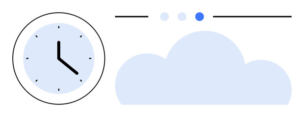 Analog clock alongside a cloud and interface dots, symbolizing time tracking, cloud storage, technology. Ideal for scheduling, cloud computing, data management, time management, digital solutions
