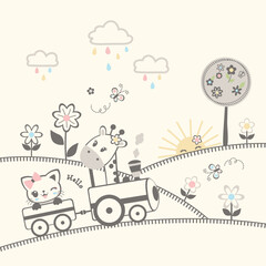 Cute animal vector illustrations of various friendly animals happily traveling together by colorful train through a scenic landscape with joy and excitement

