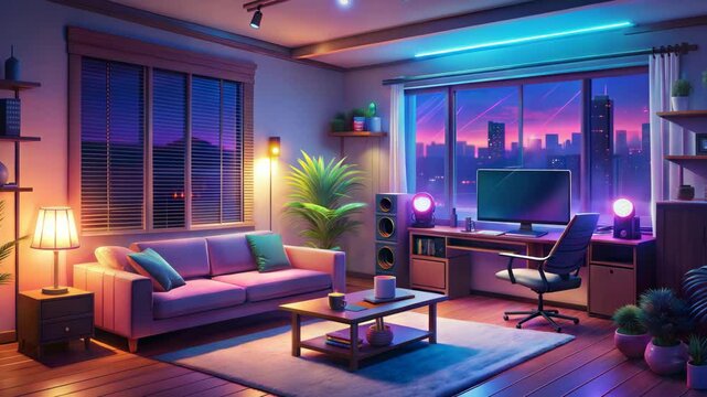 animated virtual backgrounds, stream overlay loop, cozy lo-fi living room at night, vtuber asset twitch zoom OBS screen, anime chill hip hop	