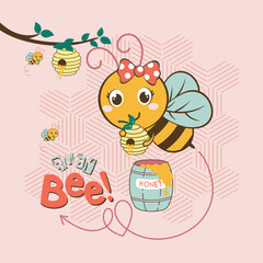 Cute cartoon bee with red polka-dot bow eating honey surrounded by honeycombs and bees on pink geometric background
