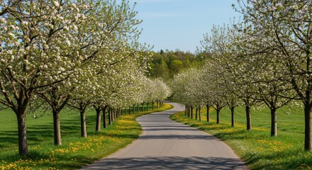 Fototapeta premium Blooming Trees Lined Road (Photo)