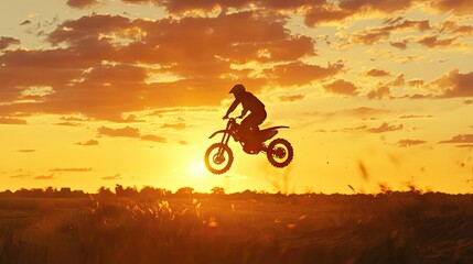 Silhouette of motocross rider leaping high against vibrant sunset.
