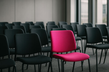 Single pink chair stands out among uniform black chairs in empty conference room